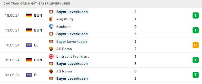 Phong độ thi đấu Bayer Leverkusen